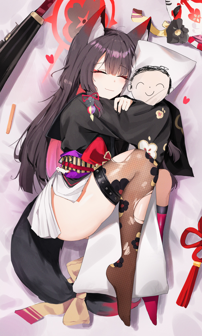 1girl absurdres animal_ear_fluff animal_ears arisaka arona's_sensei_doodle_(blue_archive) ass asymmetrical_legwear bed bed_sheet bell black_hair black_nails blue_archive blunt_bangs bolt_action cameo colored_inner_hair commentary_request dakimakura_(object) eyeshadow fetal_position fox_ears fox_girl fox_mask fox_tail gun hair_ornament halo highres knees_to_chest long_hair long_sleeves lying main371 makeup mask mask_removed mismatched_legwear multicolored_hair nail_polish obi obiage object_hug on_side pillow pillow_hug pleated_skirt red_eyeshadow ribbon rifle sash school_uniform sensei_(blue_archive) serafuku sidelocks skirt smile solo tail tail_bell tail_ornament tail_ribbon thighhighs torn_clothes torn_thighhighs two-tone_hair wakamo_(blue_archive) weapon white_skirt wide_sleeves