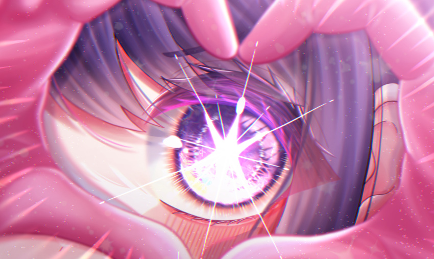 1girl blurry chromatic_aberration close-up commentary_request depth_of_field eye_focus eyelashes gloves hair_between_eyes heart heart_hands highres hoshino_ai_(oshi_no_ko) light_particles looking_at_viewer oshi_no_ko partial_commentary pink_gloves purple_eyes purple_hair roco_(roco_1170) shadow sidelocks solo star-shaped_pupils star_(symbol) symbol-shaped_pupils