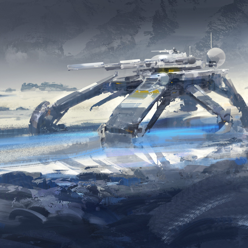 1other absurdres cannon flaptrapsart grey_sky highres mecha original pastel_(medium) quadrupedal radar_dish robot sky tagme turret vehicle_focus