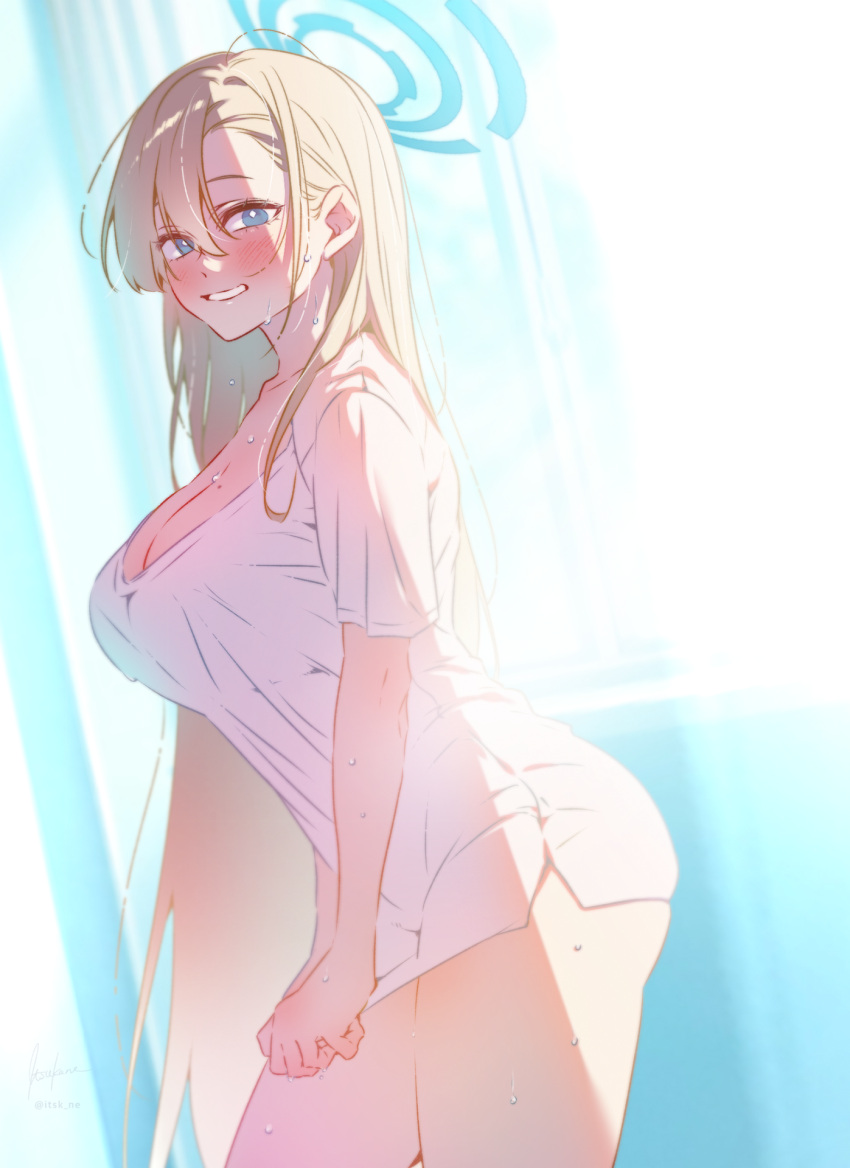 1girl :d asuna_(blue_archive) blonde_hair blue_archive blush breasts cleavage halo highres indoors itsk_ne large_breasts long_hair looking_at_viewer looking_to_the_side no_pants shirt shirt_tug smile solo sunlight sweat very_long_hair white_shirt