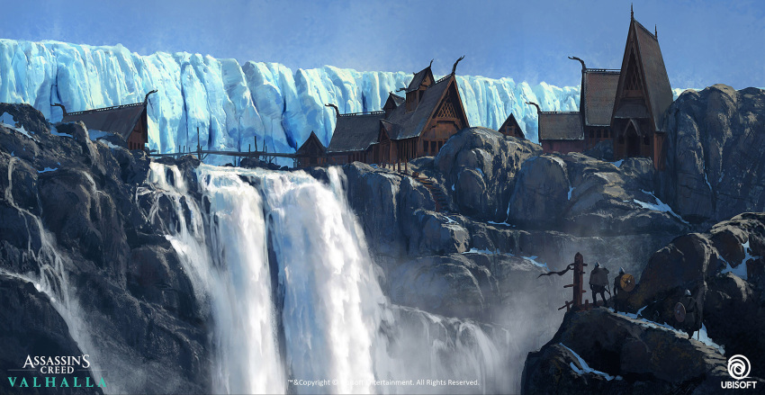 2boys assassin's_creed:_valhalla assassin's_creed_(series) blue_sky building company_name concept_art copyright_name dechambo english_text european_architecture highres ice multiple_boys outdoors rock shield_on_back sky water waterfall watermark