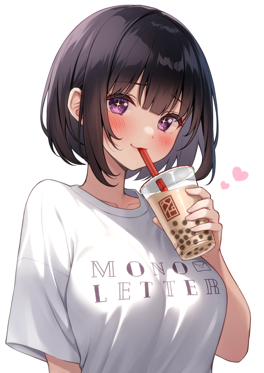 1girl absurdres black_hair blush breasts bubble_tea clothes_writing commentary_request cup drinking drinking_straw highres holding holding_cup karutamo looking_at_viewer medium_breasts original purple_eyes shirt short_hair short_sleeves smile solo sparkling_eyes upper_body white_shirt