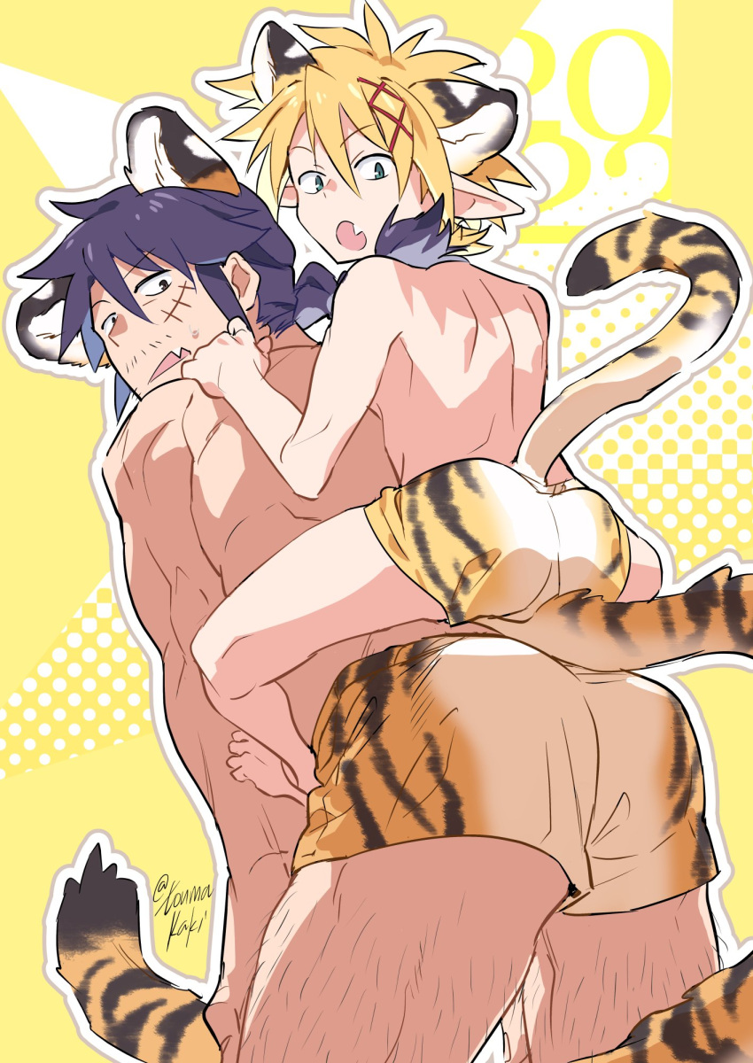 2boys animal_ears animal_print ass bara blonde_hair boxers carrying chinese_zodiac dasshu_(dashi_now) fang feet_out_of_frame from_behind highres ishuzoku_reviewers kemonomimi_mode leaning_forward leg_hair long_hair looking_at_viewer looking_back male_focus male_underwear mature_male multiple_boys mustache_stubble piggyback print_male_underwear sidelocks sitting_on_tail size_difference skin_fang sparse_stubble stitches stunk tail tail_raised tail_taised tiger_boy tiger_ears tiger_print tiger_tail toned toned_male topless_male underwear year_of_the_tiger yellow_male_underwear zel_(ishuzoku_reviewers)