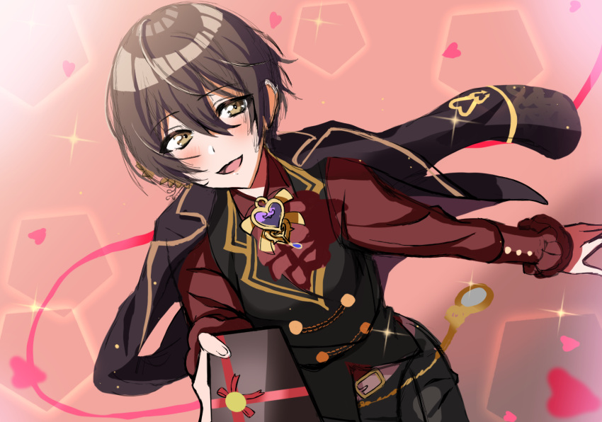 1girl androgynous bakkanda black_hair black_jacket black_pants black_vest blush d4dj facing_viewer heart jacket looking_to_the_side miyake_aoi open_mouth pants pink_background red_shirt shirt short_hair sketch smile solo sparkle vest yellow_eyes