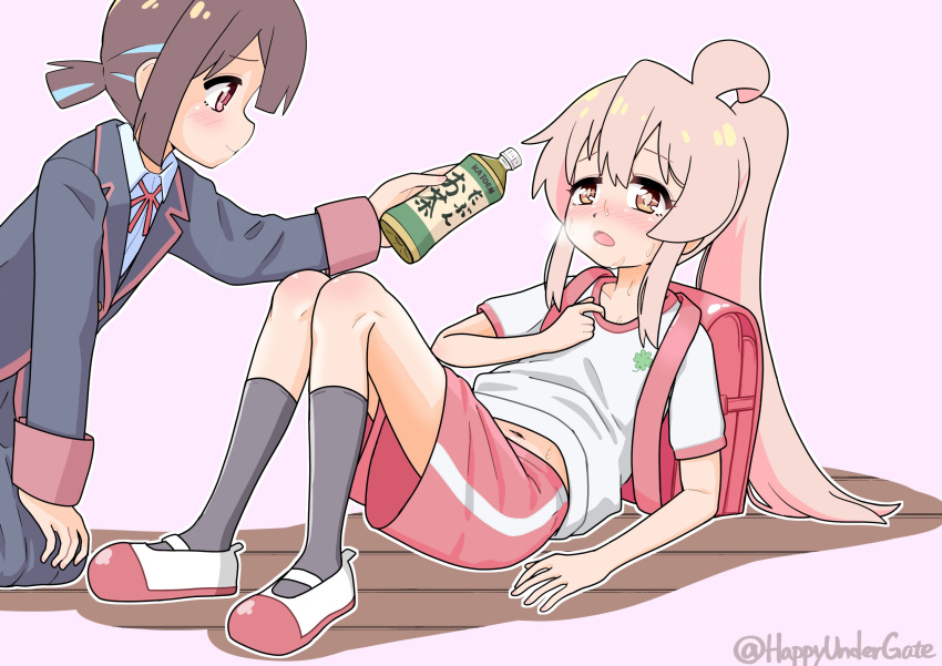 2girls ahoge backpack bag blush bottle brown_hair exhausted genderswap genderswap_(mtf) giving green_tea gym_uniform happyundergate highres hozuki_momiji jacket knees_up long_hair long_sleeves looking_at_another multiple_girls navel neck_ribbon on_floor onii-chan_wa_oshimai! open_mouth orange_eyes oyama_mahiro pink_hair randoseru red_eyes ribbon school_uniform shoes short_shorts shorts skirt socks sweat sweatdrop tea twitter_username uwabaki