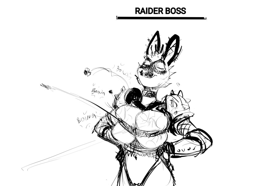 2023 anthro bethesda_softworks big_breasts black_and_white breasts bullet fallout female gameplay_mechanics gui health_bar hi_res hladilnik humor lagomorph leporid mammal monochrome pro_bun_(hladilnik) rabbit raider_(fallout) sketch smug solo