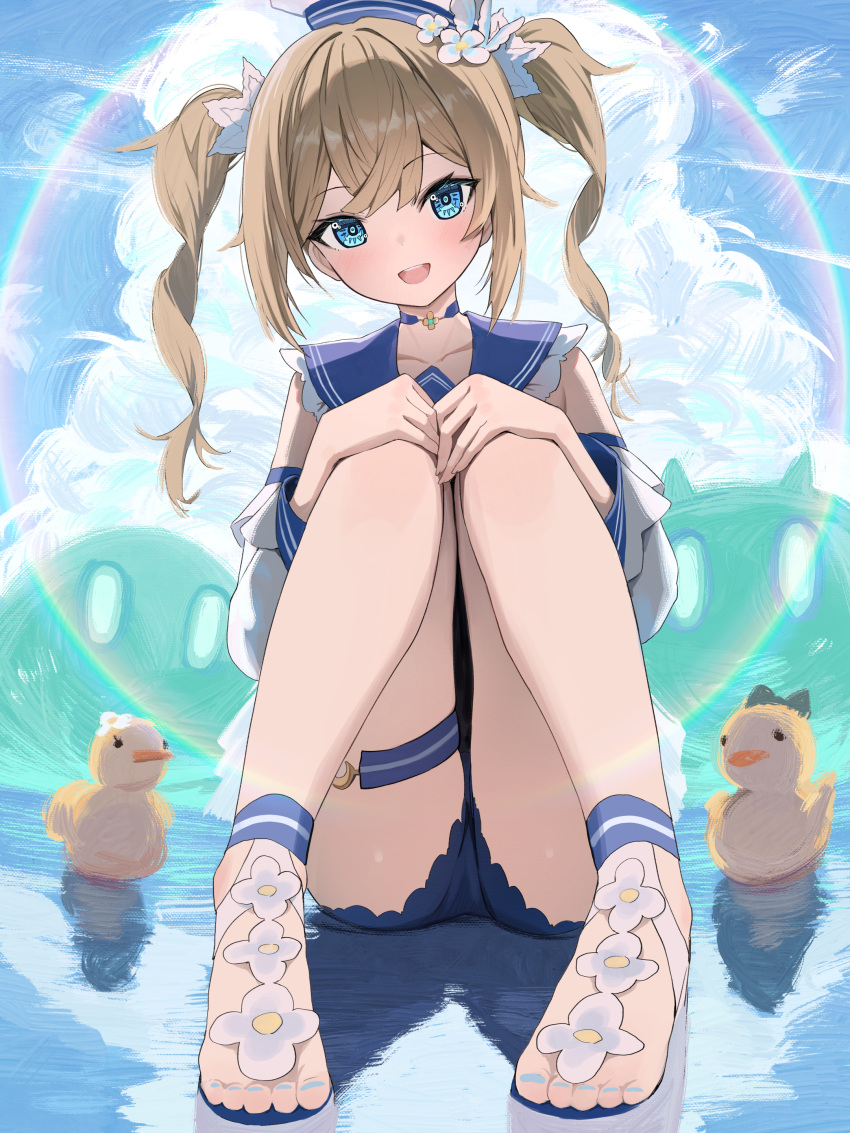 1girl absurdres barbara_(genshin_impact) barbara_(summertime_sparkle)_(genshin_impact) bird blonde_hair blue_choker blue_eyes blue_nails blue_sailor_collar blush choker commentary detached_sleeves drill_hair duck feet flower genshin_impact hair_flower hair_ornament hands_on_own_knees hat hidulume highres knees_together_feet_apart knees_up legs long_hair long_sleeves looking_at_viewer nail_polish official_alternate_costume open_mouth sailor_collar sailor_hat sandals sidelocks sitting slime_(genshin_impact) smile solo thigh_strap toenail_polish toenails toes twin_drills twintails white_headwear