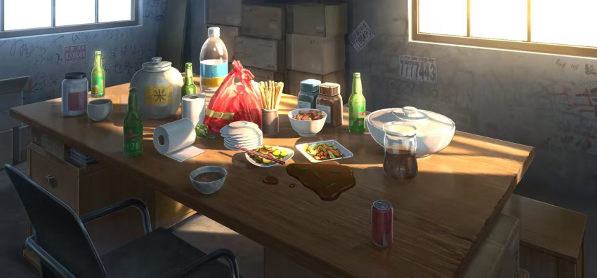 bottle box can cardboard_box chair chopsticks food highres indoors jar no_humans original plate scenery soda_can toilet_paper window xingzhi_lv