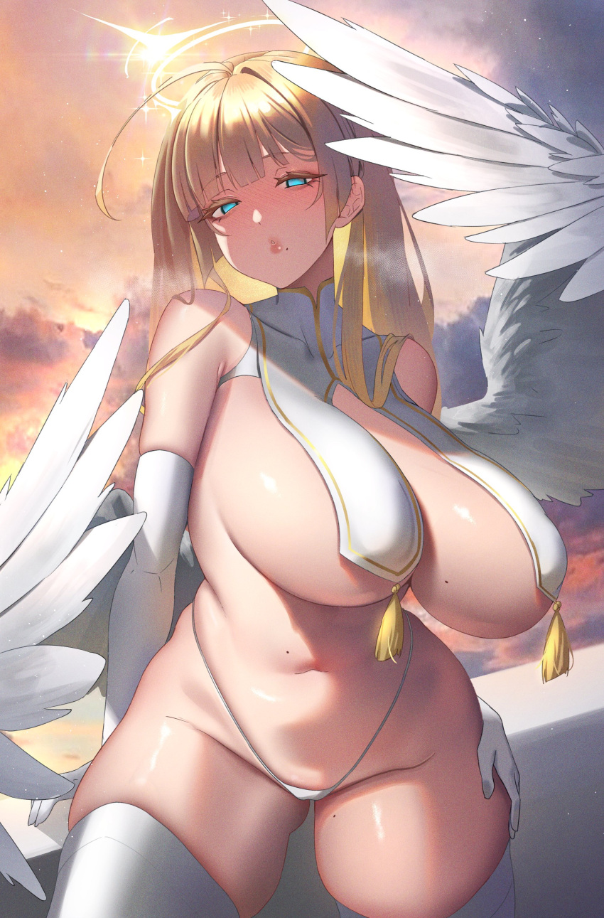 1girl absurdres angel_wings anima_(togashi) ass_visible_through_thighs blonde_hair blue_eyes blush breast_curtains breasts curvy elbow_gloves feathered_wings gloves glowing_halo halo hand_on_own_thigh highres huge_breasts legs_apart long_hair looking_at_viewer mole mole_on_breast mole_on_thigh mole_under_mouth navel original outdoors panties plump revealing_clothes solo tassel thighhighs underwear white_gloves white_panties white_thighhighs wings yellow_halo