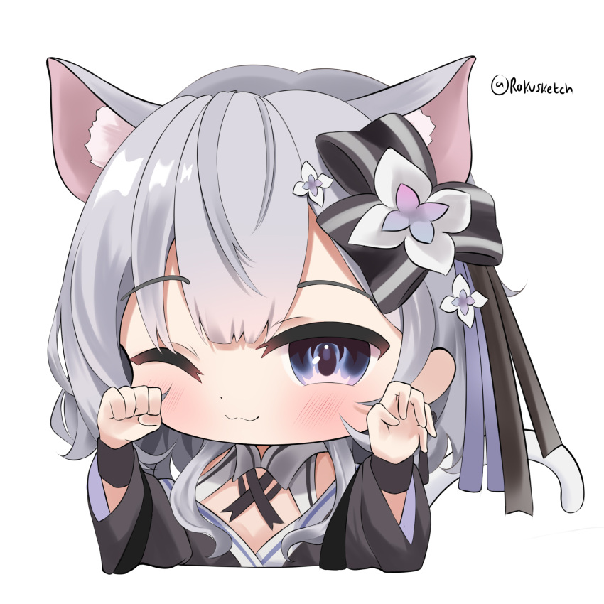 1girl animal_ear_fluff animal_ears bangs black_kimono cat_ears cat_girl cat_tail commentary cropped_torso english_commentary grey_hair highres hololive hololive_indonesia japanese_clothes kemonomimi_mode kimono looking_at_viewer medium_hair one_eye_closed paw_pose purple_eyes rokusketch simple_background solo tail vestia_zeta virtual_youtuber white_background
