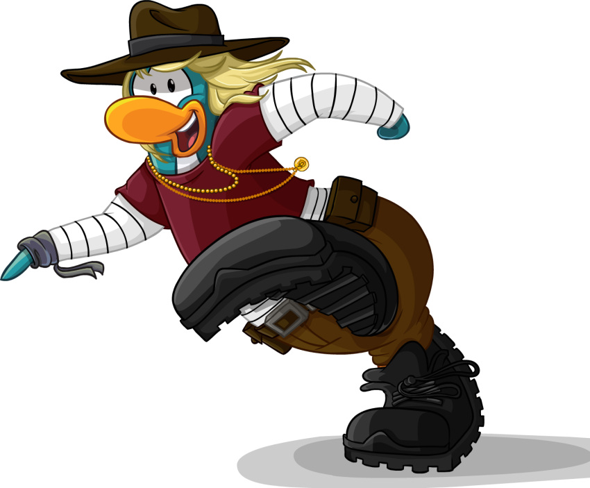 alpha_channel avian bird black_clothing black_footwear blonde_hair blue_body boots bottomwear brown_belt brown_bottomwear brown_clothing brown_headwear brown_pants clothing club_penguin cowboy_hat female footwear full-length_portrait hair hat headgear headwear hi_res jewelry long_hair long_sleeves looking_at_viewer necklace official_art open_mouth pants penguin portrait raised_foot red_clothing red_shirt red_topwear shirt short_sleeves solo topwear unknown_artist upper_teeth_only white_clothing white_shirt white_topwear