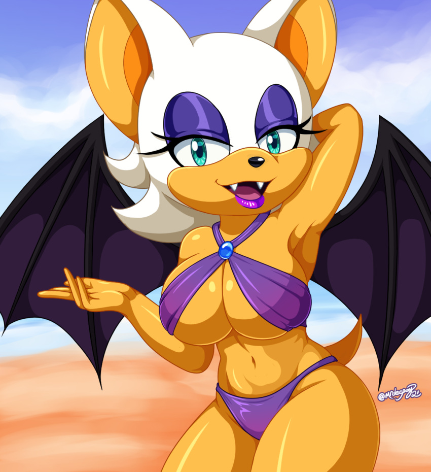 2022 anthro bat bikini blue_eyes breasts cleavage clothed clothing eyeshadow female fingers fur half-closed_eyes hi_res lipstick looking_at_viewer makeup mammal membrane_(anatomy) membranous_wings mrdeepay narrowed_eyes open_mouth open_smile rouge_the_bat sega signature smile solo sonic_the_hedgehog_(series) swimwear tan_body tan_skin white_body white_fur wings