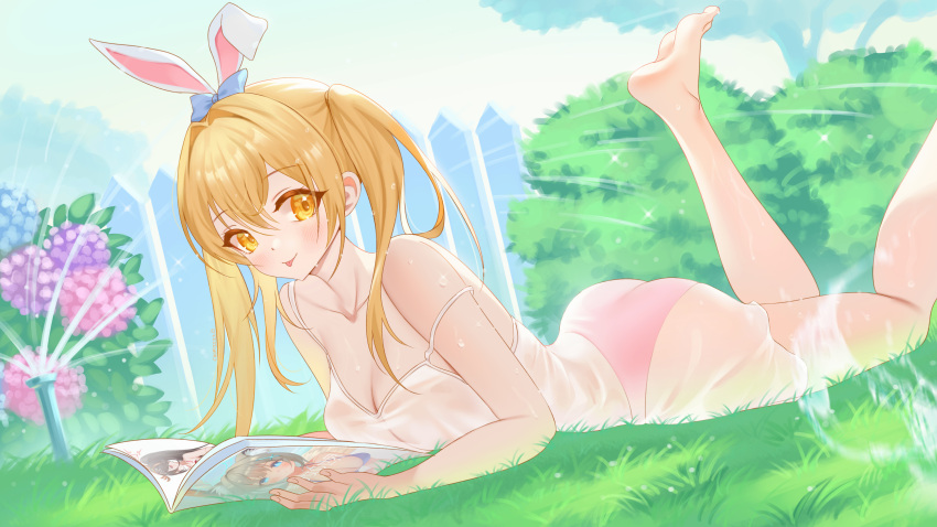 1girl absurdres animal_ears artist_request ass bare_shoulders barefoot blonde_hair book breasts cleavage collarbone copyright_request grass hair_between_eyes highres large_breasts legs_up long_hair looking_at_viewer lying on_stomach panties pink_panties rabbit_ears see-through tongue tongue_out twintails underwear yellow_eyes
