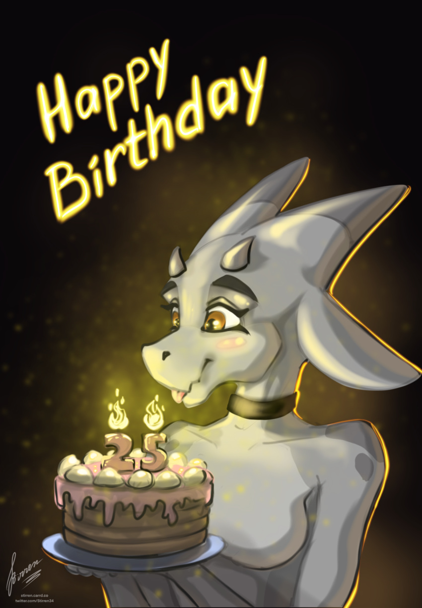 anthro birthday birthday_cake blep cake candle collar dessert ears_back female food gift hi_res horn kobold pivoted_ears solo stirren tongue tongue_out