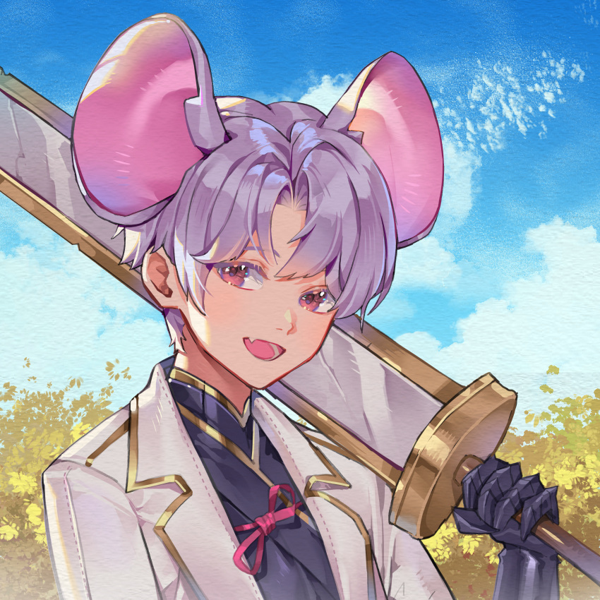 1boy absurdres animal_ears black_shirt cloud commentary day english_commentary extra_ears fang gauntlets gold_trim grey_hair hand_up highres holding holding_sword holding_weapon jacket long_sleeves looking_at_viewer male_focus mouse_boy mouse_ears open_clothes open_jacket open_mouth orange_sekaii original outdoors over_shoulder parted_bangs pink_eyes shirt short_hair skin_fang sky smile solo sword weapon weapon_over_shoulder white_jacket