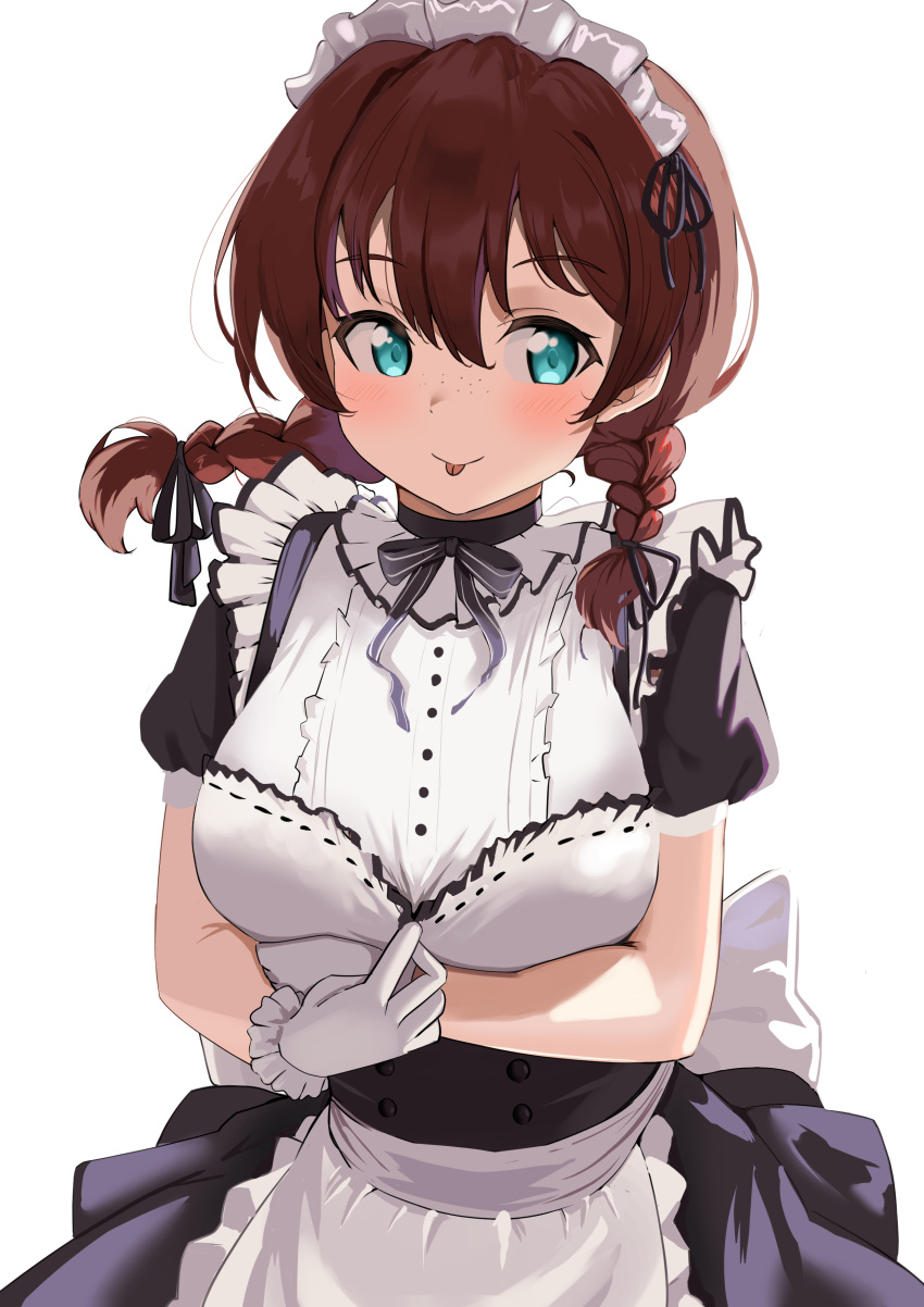 1girl :p absurdres alternate_costume apron apron_pull arm_under_breasts back_bow black_choker blue_eyes blush bow braid breast_hold breasts brown_hair buttons center_frills choker clothes_pull commentary detached_collar emma_verde enmaided evildaddy12 freckles frilled_apron frilled_shirt_collar frills hair_between_eyes high-waist_skirt highres large_bow large_breasts looking_at_viewer love_live! love_live!_nijigasaki_high_school_idol_club low_twin_braids low_twintails maid maid_headdress medium_hair puffy_short_sleeves puffy_sleeves red_vest shirt shirt_pull short_sleeves simple_background skirt solo tongue tongue_out twin_braids twintails underbust vest waist_apron white_apron white_background white_shirt