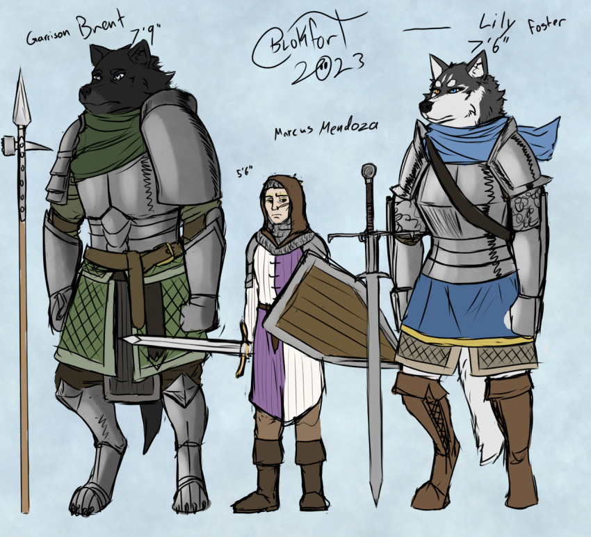 2023 anthro armor black_body black_fur blokfort blue_eyes boots bottomwear brown_eye brown_eyes canid canine canis clothing domestic_dog fantasy female footwear fur grey_body grey_eyes grey_fur group heterochromia hood human husky male mammal medieval_clothing melee_weapon model_sheet nordic_sled_dog pants polearm scarf shield simple_background skirt spear spitz straps sword weapon white_body white_fur wolf