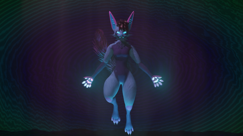 absurd_res anthro blender_(software) blender_cycles canid canine deity female fox glowing glowing_eyes glowing_paws hi_res hypnosis levitating levitation mammal mind_control paws pupils rexouium riverdafox slit_pupils solo somehornywah