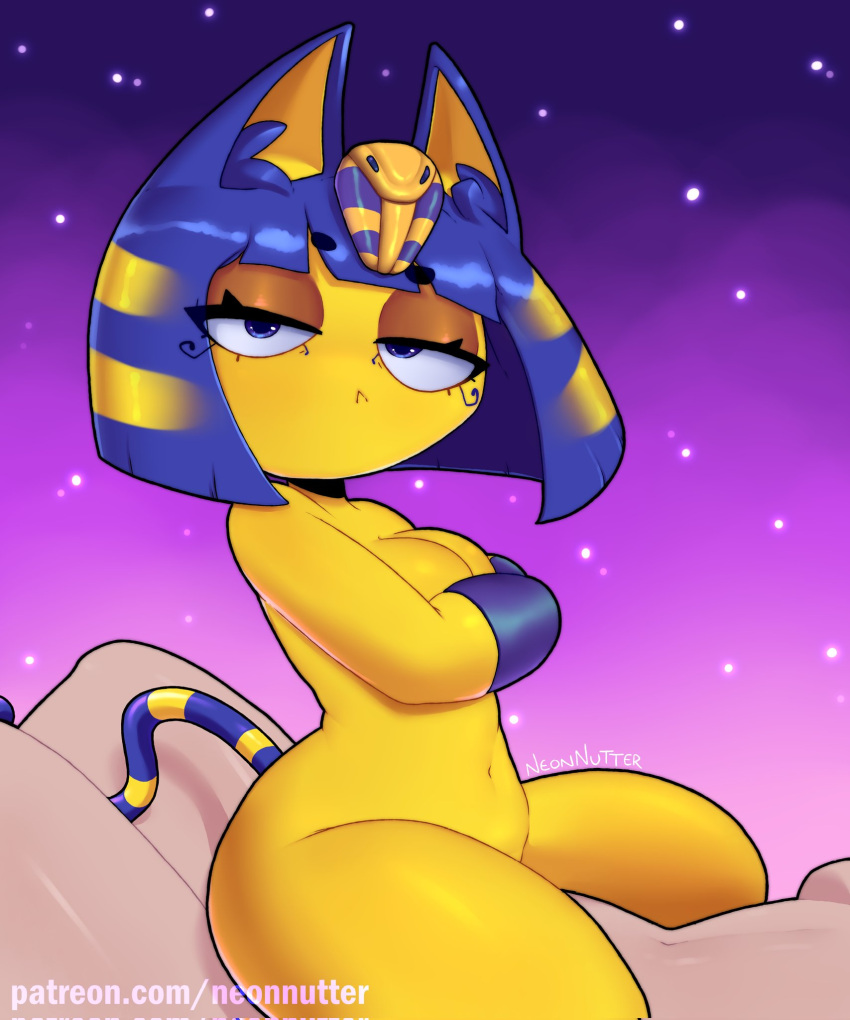 2022 ambiguous_penetration animal_crossing ankha_(animal_crossing) anthro anthro_penetrated blue_hair breasts covering covering_breasts duo felid feline female female_penetrated hair half-closed_eyes hi_res human human_on_anthro human_penetrating human_penetrating_anthro interspecies light_body light_skin looking_at_viewer male male/female male_penetrating male_penetrating_female mammal narrowed_eyes neonnutter nintendo penetration penile penile_penetration sex signature text url yellow_body