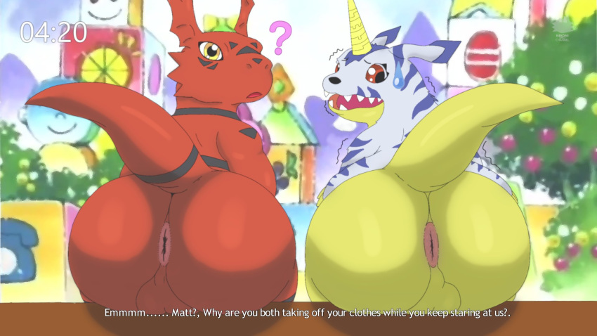 16:9 anthro bandai_namco big_butt butt digimon digimon_(species) duo english_text gabumon guilmon hi_res horn human interspecies looking_back looking_confused male male/male mammal nekoni tail text widescreen