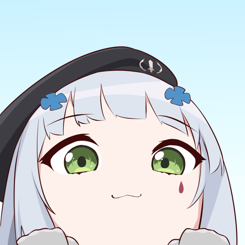 1girl :3 beret call_of_duty call_of_duty:_mobile chibi facial_mark girls'_frontline green_eyes hat highres hk416_(girls'_frontline) narchiart simple_background tagme teardrop teardrop_facial_mark teardrop_tattoo