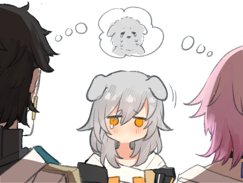 1boy 2girls animal_ears black_hair blush danheng_(honkai:_star_rail) dog dog_ears female_trailblazer_(honkai:_star_rail) grey_hair hair_between_eyes highres hinagi_(fox_priest) honkai:_star_rail honkai_(series) imagining march_7th_(honkai:_star_rail) medium_hair multiple_girls no_mouth pink_hair tearing_up thought_bubble trailblazer_(honkai:_star_rail) white_background yellow_eyes