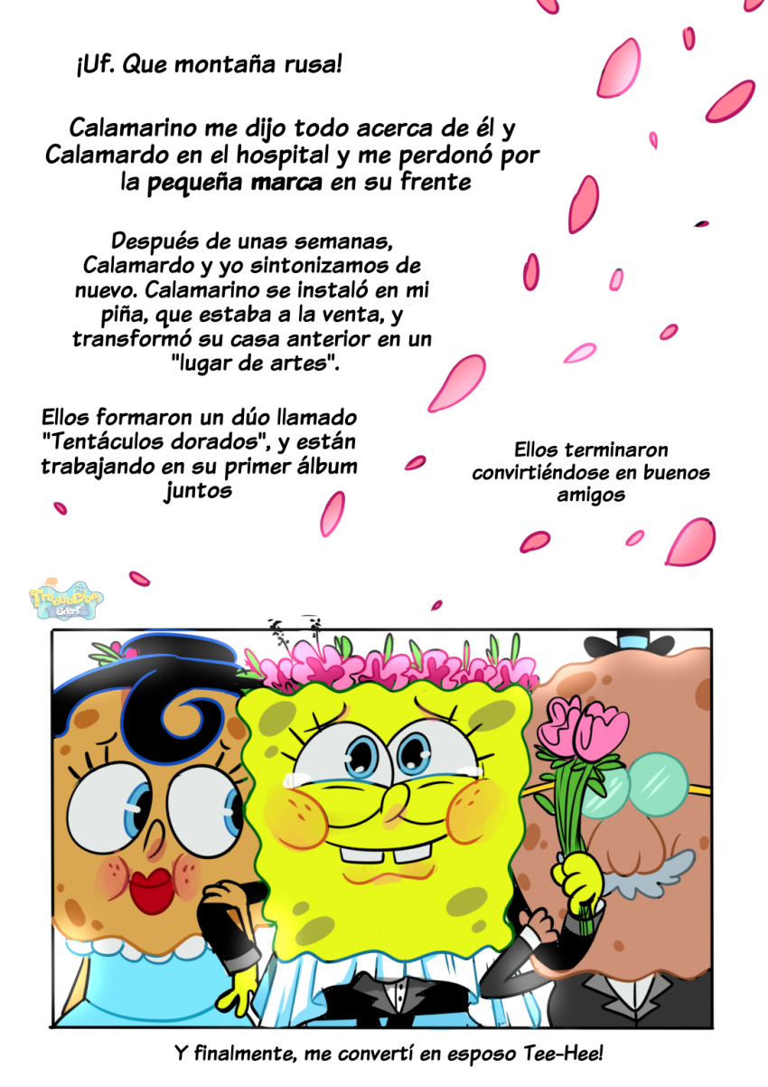 anthro bodily_fluids clothed clothing female flower group harold_squarepants hi_res male margaret_squarepants marine nickelodeon on_model pancaketiffy parent plant sea_sponge smile spanish_text spongebob_squarepants spongebob_squarepants_(character) story suit tears text toony trio wedding