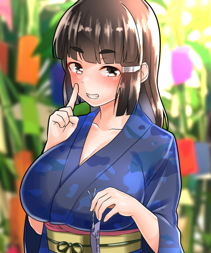 1girl alternate_costume bamboo blue_kimono blush breasts brown_eyes brown_hair cleavage collarbone commentary_request finger_to_mouth furaggu_(frag_0416) highres holding_tanzaku japanese_clothes kantai_collection kimono large_breasts long_hair looking_at_viewer myoukou_(kancolle) paper_chain print_kimono sash smile solo tanabata tanzaku upper_body wide_sleeves yukata