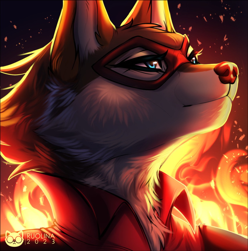 anthro bust_portrait canid canine canis female fire hi_res legend_of_ahya mammal mask murana_wolford_(darkflame-wolf) portrait ruolina solo vigilante wolf
