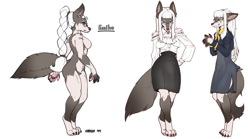 absurd_res anthro bottomwear breasts canid canine clothed clothing digitigrade emiko_(kiit0s) eyewear eyewear_only glasses glasses_only hair hi_res kiit0s kiit0sart long_hair mammal nude pawpads ponytail simple_background skirt solo tail white_background white_hair