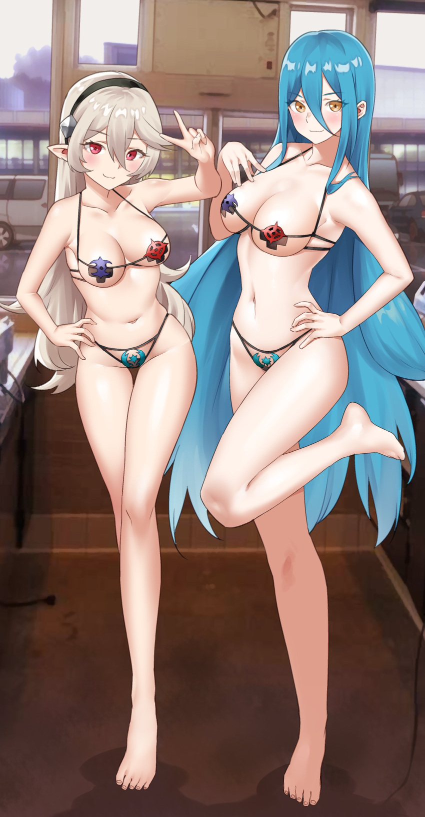 2girls absurdres alternate_costume azura_(fire_emblem) bikini blue_hair breasts cafe corrin_(female)_(fire_emblem) corrin_(fire_emblem) english_commentary fire_emblem fire_emblem_fates grey_hair hairband highres igni_tion long_hair looking_at_viewer medium_breasts multiple_girls pointy_ears red_eyes swimsuit very_long_hair yellow_eyes