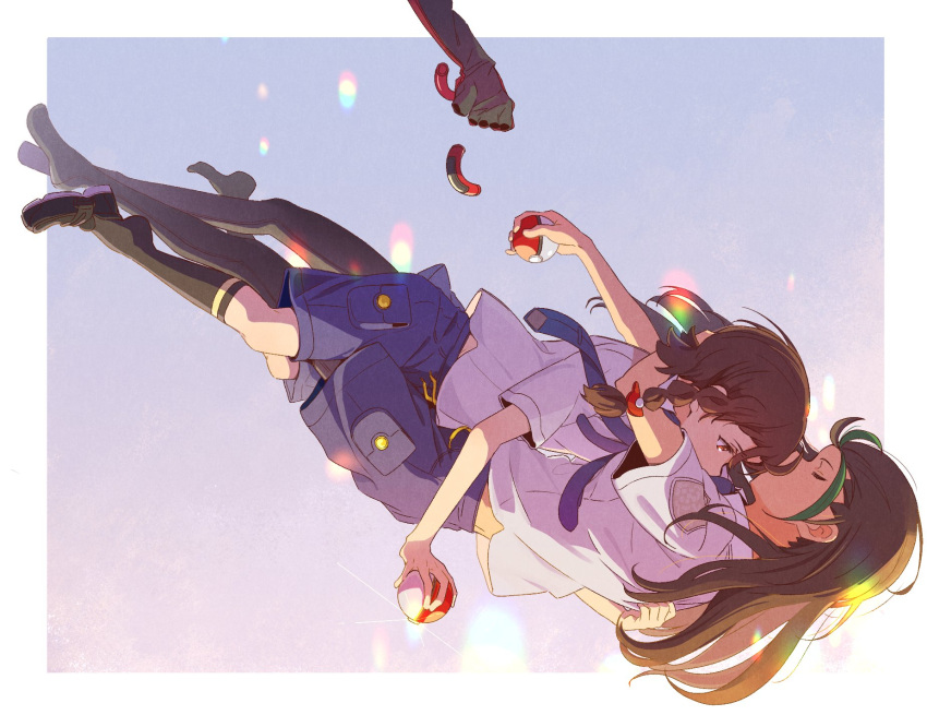 2girls black_hair braid brown_hair closed_eyes falling freefall highres holding holding_poke_ball hug juliana_(pokemon) long_hair medium_hair multiple_girls necktie nemona_(pokemon) poke_ball pokemon pokemon_(game) pokemon_sv red_eyes sawara65 school_uniform shoes shorts socks uva_academy_school_uniform yuri