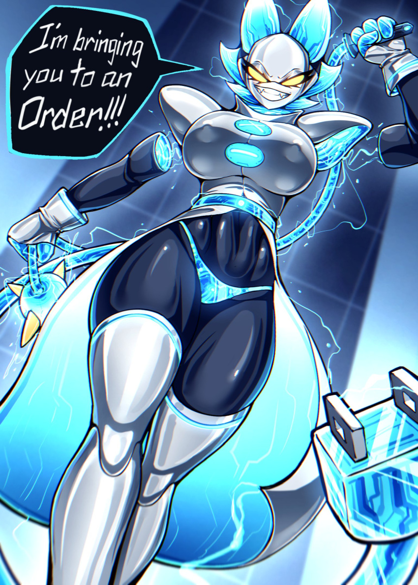 2023 4_fingers anthro big_breasts breasts clothing deltarune dialogue dress english_text eyebrows eyelashes felid feline female fingers floating_hands gloves hair handwear hi_res holding_object holding_whip legwear low-angle_view machine mammal panties robot short_hair smile solo speech_bubble standing tasque_manager teeth text thigh_highs undertale_(series) underwear whip white_hair yellow_eyes zzzhadozzz