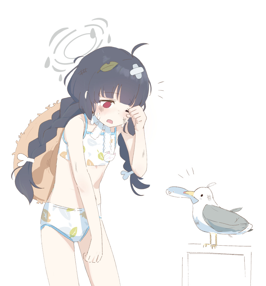 1girl absurdres ahoge animal bandaid bandaid_on_head bikini bird black_hair blue_archive blush braid crying fish halo hat_on_back highres leaf leaf_on_head leaf_print leaning_forward long_hair miyu_(blue_archive) miyu_(swimsuit)_(blue_archive) one_eye_closed open_mouth patanda red_eyes rubbing_eyes sacabambaspis scratches seagull solo swimsuit tears twin_braids very_long_hair