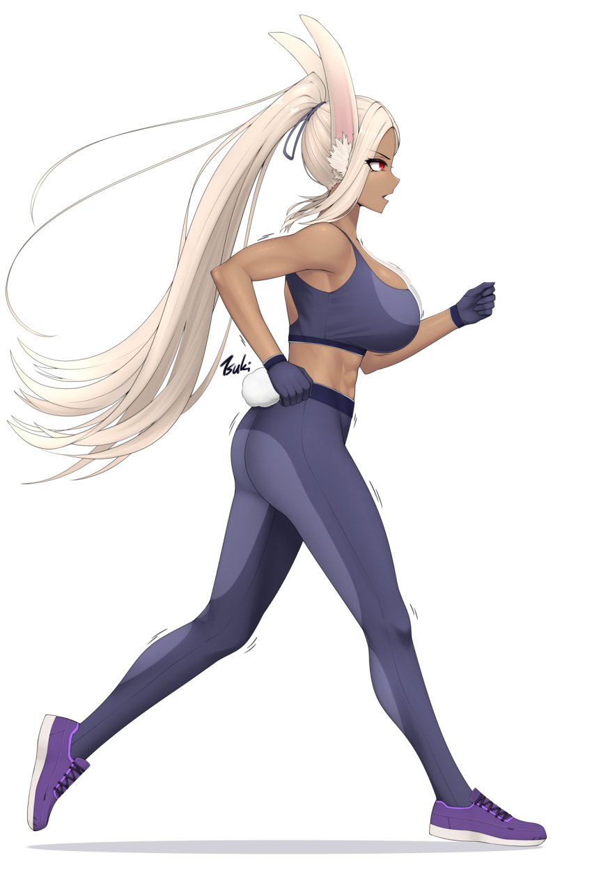 1girl abs animal_ears ass bare_shoulders blue_gloves blue_pants blue_sports_bra boku_no_hero_academia bouncing_breasts breasts dark-skinned_female dark_skin exercise from_side full_body gloves highres jogging large_breasts legs long_hair mirko motion_lines open_mouth pants parted_bangs ponytail purple_footwear rabbit_ears rabbit_girl rabbit_tail red_eyes ryu_seung signature solo sports_bra tail tail_through_clothes thighs tight_clothes tight_pants toned very_long_hair white_background white_hair yoga_pants