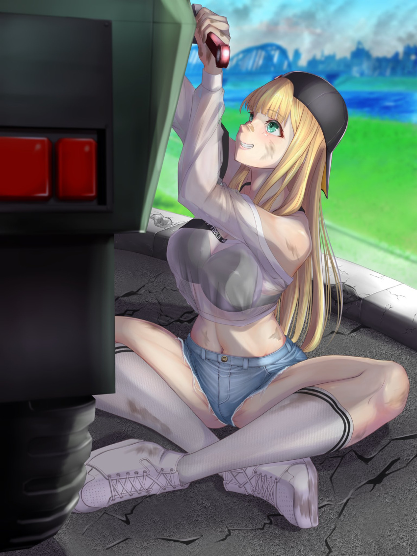 1girl arms_up backwards_hat bandaid bandaid_on_face bandaid_on_nose bare_shoulders baseball_cap black_headwear black_sports_bra blonde_hair blue_shorts blunt_bangs breasts centi_(nikke) centi_(supreme_holiday)_(nikke) clothes_writing cracked_floor cutoffs denim denim_shorts dirty dirty_clothes dirty_face floor full_body goddess_of_victory:_nikke grass green_eyes grin hat highres holding holding_wrench indian_style kneehighs large_breasts light_blush long_hair looking_up navel newtype_rabbit off-shoulder_shirt off_shoulder official_alternate_costume repairing see-through see-through_shirt shirt shoes short_shorts shorts sidelocks sitting smile sneakers socks solo sports_bra thighs upper_body white_shirt white_socks wrench