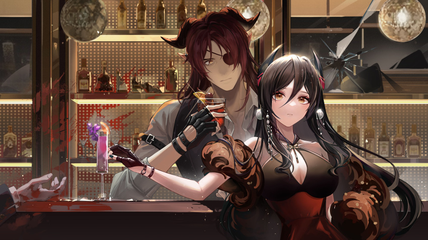 1boy 1girl 1other absurdres alcohol ambiguous_gender arknights bar_(place) black_dress black_gloves black_hair black_vest blood blue_nails blush bottle breasts chinese_commentary cleavage closed_mouth commentary cross-shaped_pupils cup demon_horns dress drinking_glass earrings expressionless eyepatch fingerless_gloves fingernails food fruit gloves goat_horns hair_between_eyes highres hoederer_(arknights) horns indoors ines_(arknights) jewelry juechen_syl large_breasts lips long_hair looking_at_viewer medium_hair nail_polish off-shoulder_dress off_shoulder orange_(fruit) orange_slice pointy_ears red_dress red_hair shelf shirt symbol-shaped_pupils two-tone_dress vest white_shirt yellow_eyes