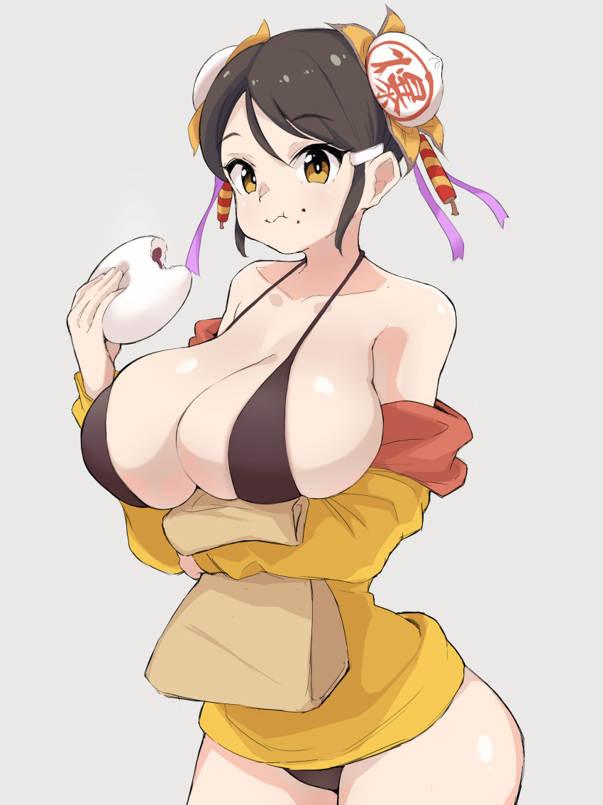 1girl :t absurdres anman bag baozi bare_shoulders bikini bikini_under_clothes black_bikini black_hair blush breast_hold breasts brown_bag bun_(food) cleavage crumbs eating firecrackers food food_on_face hair_ornament hairclip highres holding holding_bag holding_food huge_breasts ikigai jacket looking_at_viewer meimei_(senran_kagura) orange_eyes paper_bag purple_ribbon ribbon senran_kagura senran_kagura_new_wave short_hair solo swimsuit translation_request yellow_jacket