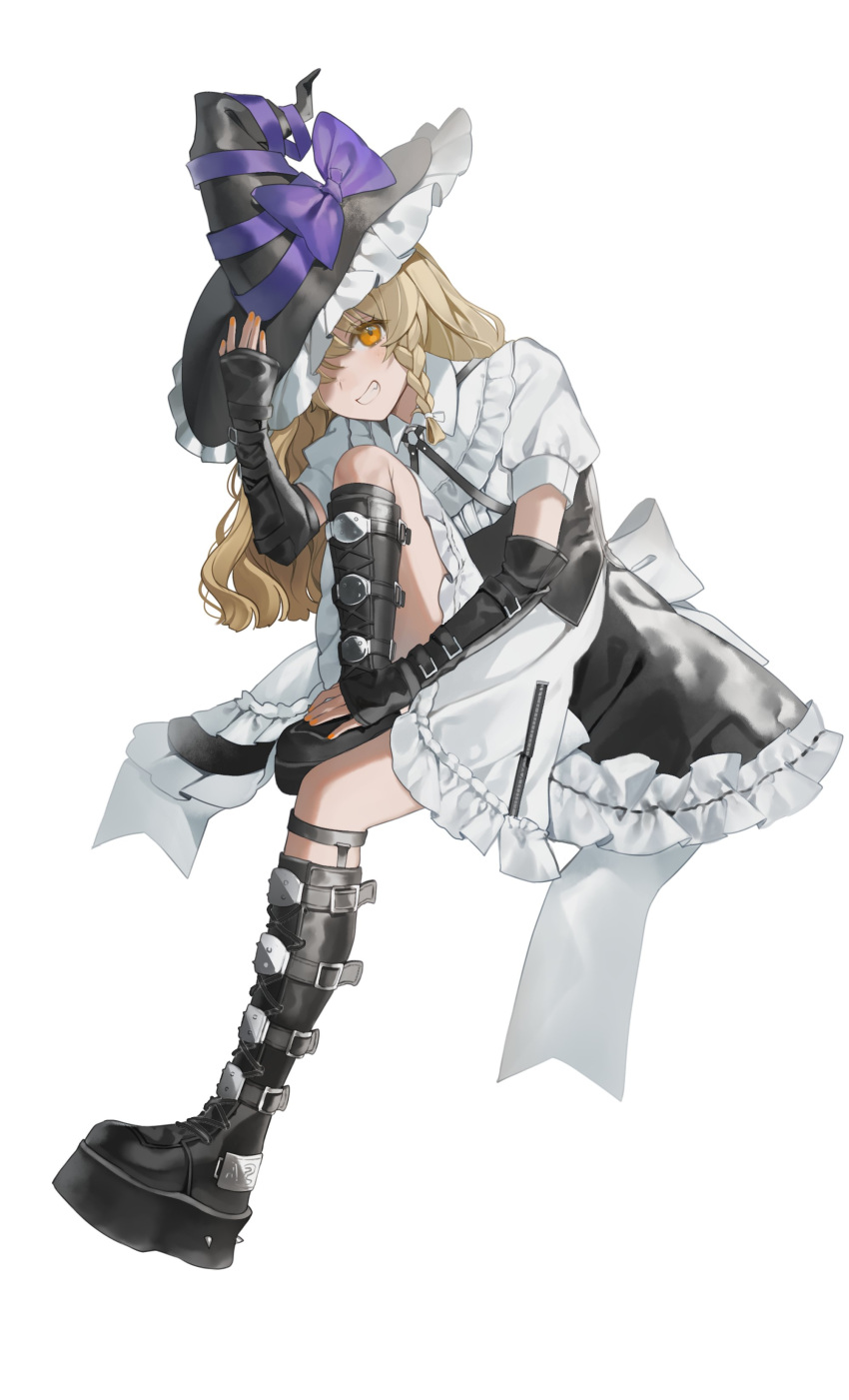 1girl absurdres alternate_costume black_dress black_footwear black_gloves black_headwear blonde_hair boots bow daimaou_ruaeru dress gloves highres kirisame_marisa large_bow long_hair platform_boots platform_footwear solo star_(symbol) touhou white_background white_bow yellow_eyes