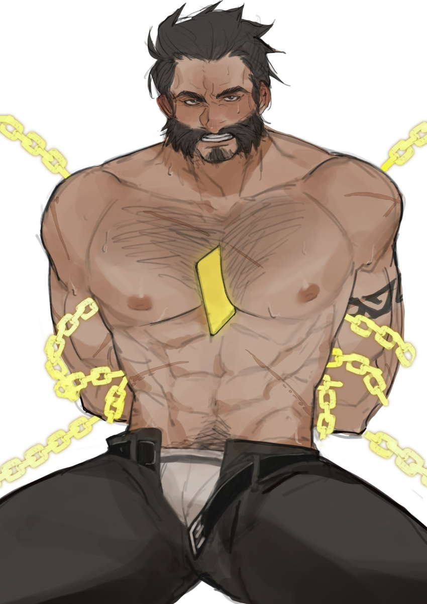 1boy abs algaebog arm_hair arms_behind_back bara beard between_pectorals blush bound bound_arms bulge card chain chained chest_hair facial_hair feet_out_of_frame graves_(league_of_legends) hair_slicked_back hairy highres large_pectorals league_of_legends male_focus male_underwear male_underwear_peek mature_male muscular muscular_male mustache navel_hair nipples open_fly pectorals playing_card short_hair sitting solo stomach sweat thick_eyebrows thick_mustache thick_thighs thighs topless_male underwear white_male_underwear