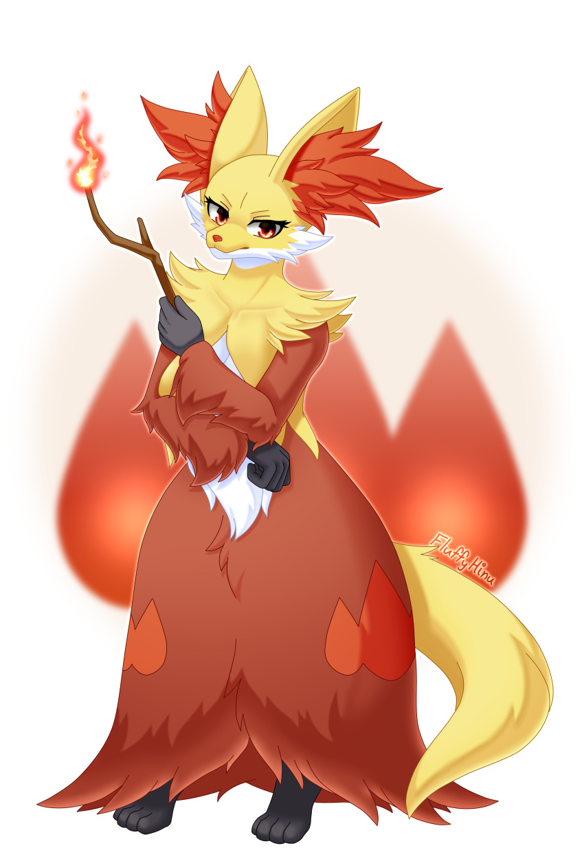 absurd_res anthro delphox feet female fire fluffy_hinu fur generation_6_pokemon hi_res holding_object inner_ear_fluff looking_at_viewer multicolored_body multicolored_fur nintendo pokemon pokemon_(species) red_body red_eyes red_fur solo tail tuft white_body white_fur yellow_body yellow_fur yellow_tail