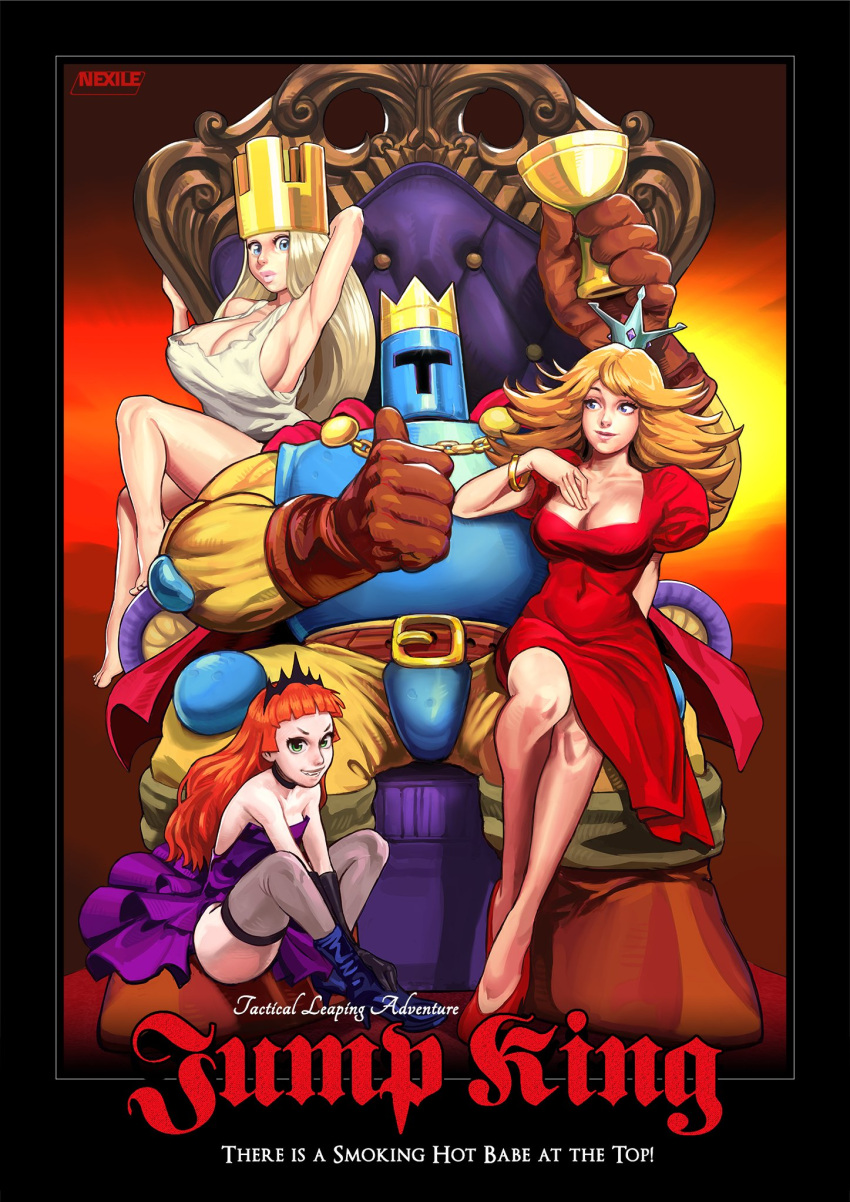 1boy 3girls armor armpits babe_(jump_king) bare_legs barefoot black_border black_footwear blonde_hair blue_eyes blunt_bangs boots border bracelet breasts brown_gloves cape cleavage covered_navel crown cup dress english_text full_armor ghost_babe_(jump_king) gloves green_eyes high_heels highres holding holding_cup jewelry jump_king jump_king_(character) knees_up large_breasts long_hair multiple_girls muscular muscular_male new_babe_(jump_king) orange_hair parted_lips puffy_short_sleeves puffy_sleeves purple_dress red_cape red_dress red_footwear second-party_source short_sleeves sideboob sitting sleeveless sleeveless_dress smile strapless strapless_dress throne timbothechamp white_dress