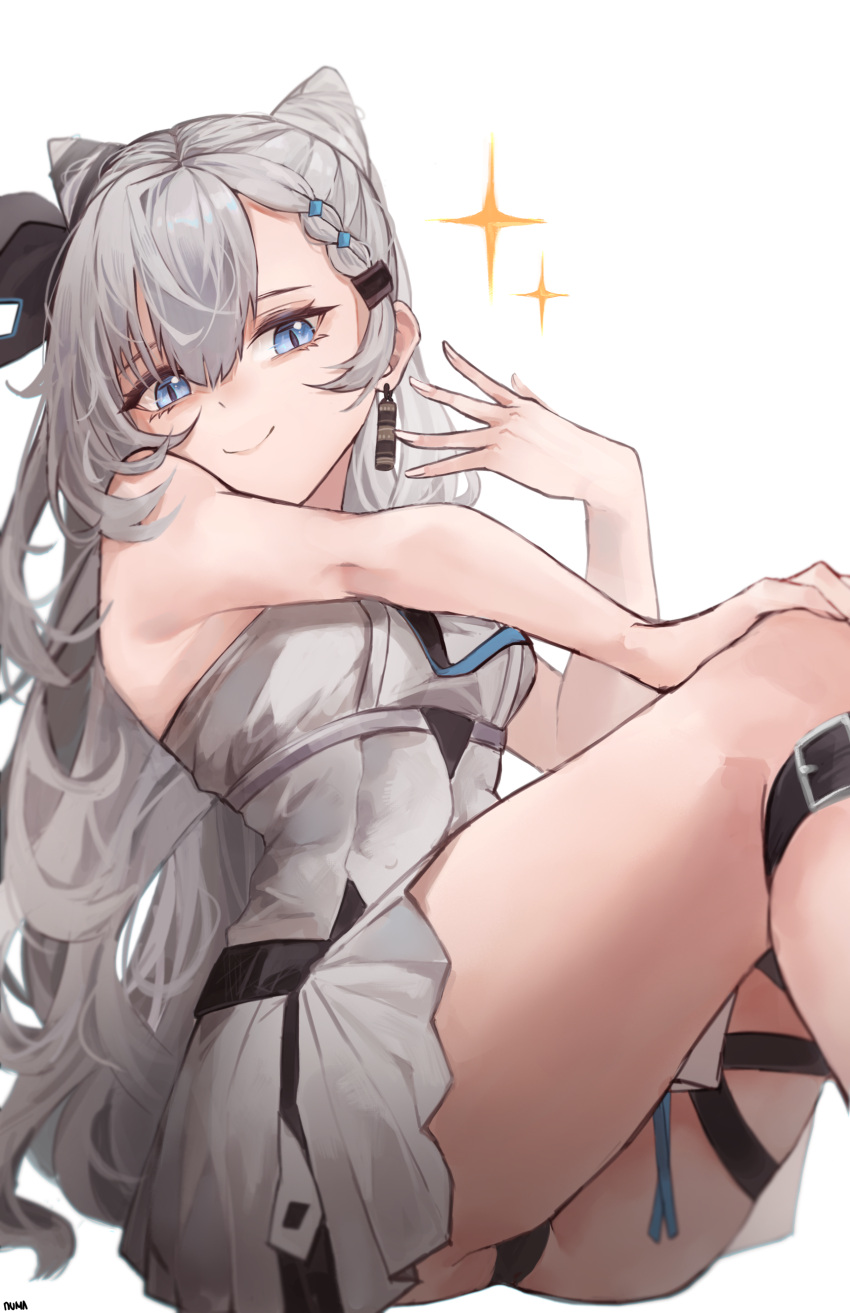 1girl absurdres bare_shoulders belt_buckle black_panties blue_eyes braid braided_bangs breasts buckle closed_mouth commentary cone_hair_bun double_bun dress earrings grey_dress grey_hair hair_between_eyes hair_bun hair_ornament hairclip highres hololive hololive_indonesia jewelry long_hair looking_at_viewer medium_breasts numamus panties simple_background sitting sleeveless sleeveless_dress smile solo sparkle thighs underwear vestia_zeta virtual_youtuber white_background