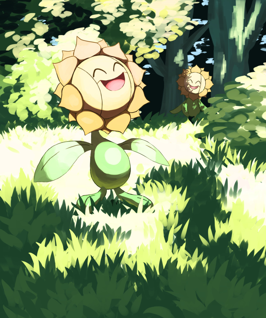 :d ^_^ absurdres bush closed_eyes commentary_request day grass happy highres jira_(ziraiya26) no_humans open_mouth outdoors pokemon pokemon_(creature) shadow smile solo sunflora