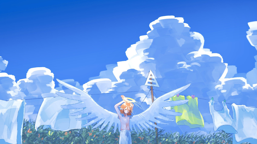 1boy angel angel_devil_(chainsaw_man) angel_wings arms_up blue_sky brown_hair chainsaw_man closed_eyes clothesline cloud cloudy_sky day halo highres kumanooppo outdoors short_hair shorts sky solo stretching topless_male white_shorts white_wings wide_shot wings