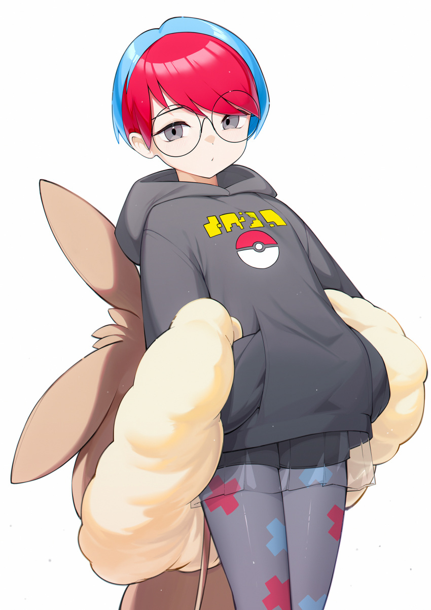 1girl absurdres backpack bag black_shorts blue_hair brown_bag closed_mouth commentary_request glasses grey_eyes grey_pantyhose highres hood hood_down hoodie multicolored_hair pantyhose penny_(pokemon) poke_ball_print pokemon pokemon_sv red_hair round_eyewear see-through see-through_skirt short_hair shorts simple_background skirt solo two-tone_hair white_background wo_chi_xiangjiao_pi