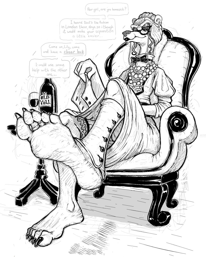 5_toes alcohol anthro armchair bear beverage black_and_white chair claws dialogue english_text eyewear feet female foot_focus furniture glasses hi_res humanoid_feet mammal mature_female monochrome plantigrade pzf_(artist) seductive sitting soles solo text the_adventures_of_will_and_pa_bear tilda_(the_adventures_of_will_and_pa_bear) toe_claws toes