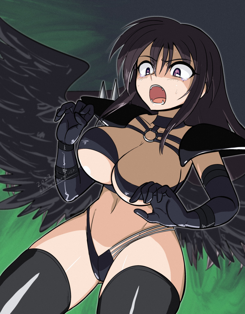 1girl absurdres angel angel_wings armor belt bikini black_armor black_belt black_bikini black_choker black_gloves black_hair black_thighhighs black_wings breasts choker cleavage commentary_request dated elbow_gloves fallen_angel feathered_wings gloves hair_between_eyes high_school_dxd highres kouma_bonmaid large_breasts long_hair looking_to_the_side open_mouth pink_eyes raynare revealing_clothes shoulder_armor solo swimsuit thighhighs thighs wings