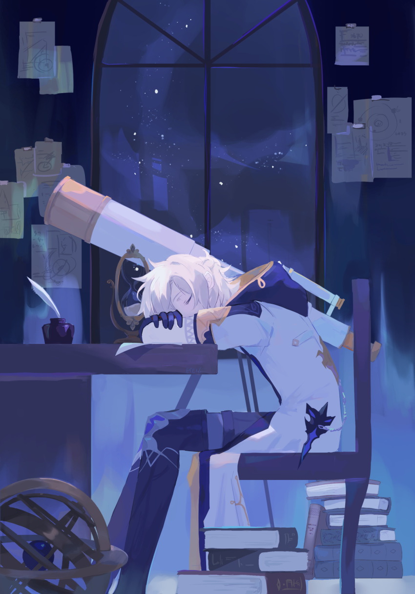 0sei6 1boy albedo_(genshin_impact) blonde_hair blue_pants book book_stack closed_eyes coat from_side genshin_impact globe gloves highres hooded_coat night night_sky pants paper quill sitting sky sleeping solo star_(sky) starry_sky telescope white_coat window