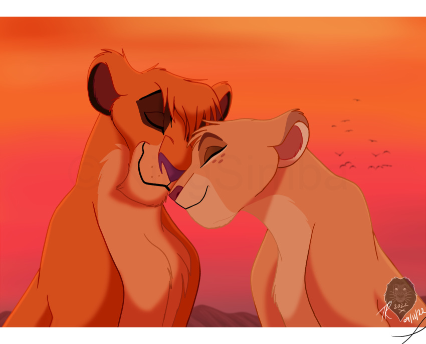 absurd_res avian bird disney duo eyes_closed felid female female/female feral head_to_head hi_res kingsimba lion mammal mountain pantherine sitting smile sundown the_lion_guard the_lion_king tiifu_(the_lion_guard) vitani_(the_lion_king) watermark